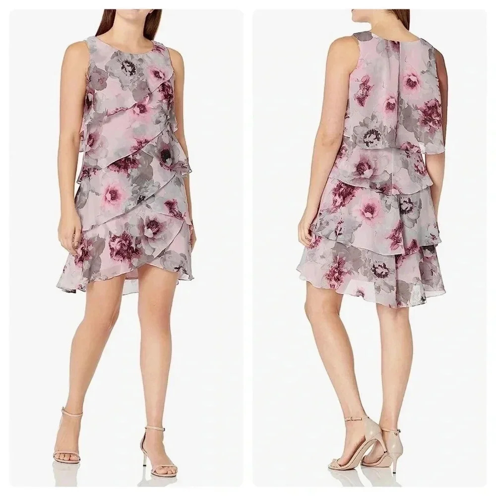 SL FASHIONS |Women's Sleeveless Floral Print Tiered A-Line Chiffon Dress Size 10